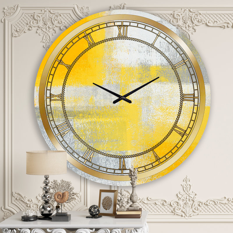 Gris et jaune bleu abstrait XX - horloge murale moderne, Grand