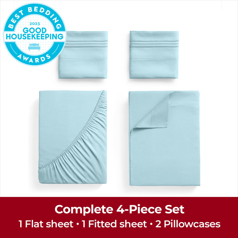 Ensemble de draps Mellanni 1800, Bleu pastel, Ensemble de draps pour lit double avec 2 taies d'o