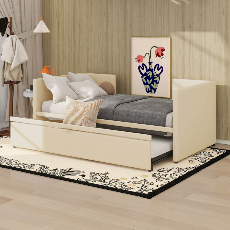 Lit de jour simple avec lit gigogne, Beige