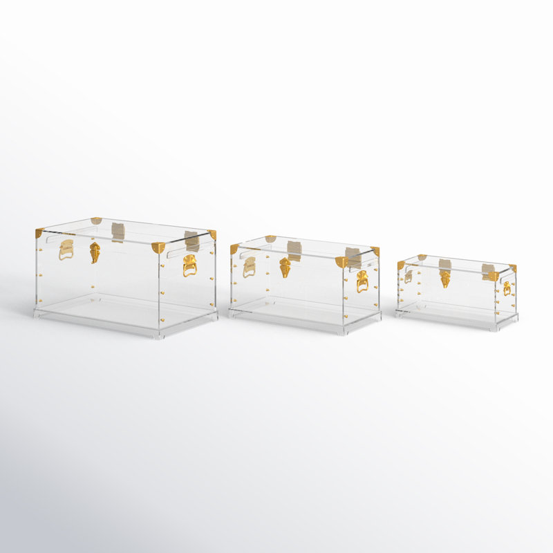 Rangement en plastique acrylique transparent avec quincaillerie en métal doré et détails cloutés, ensemble de 3