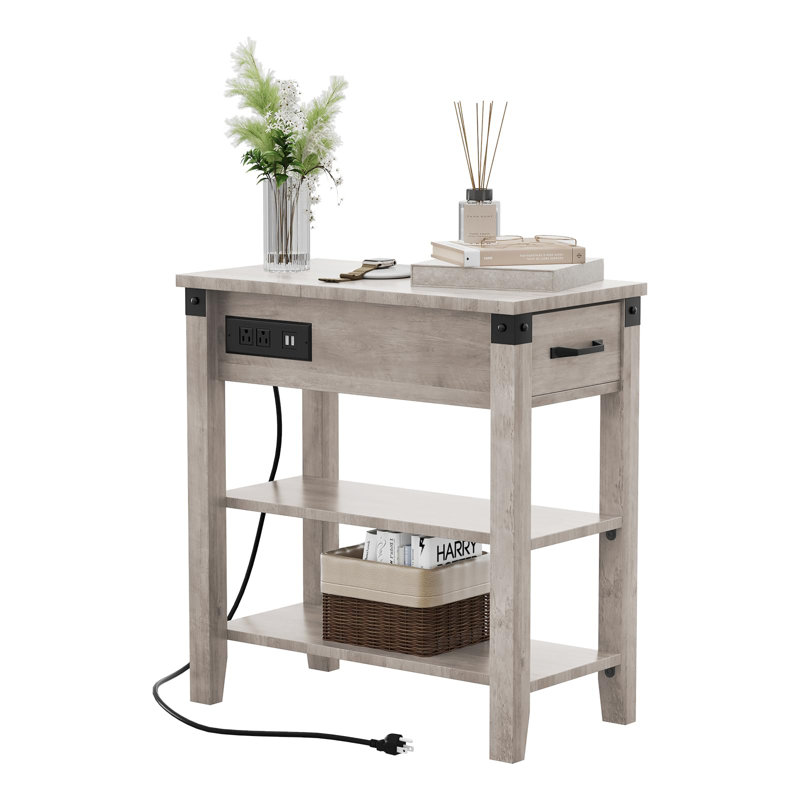 End Table With Charging Station, 3-Tier Narrow Side Table With Drawer And Storage
