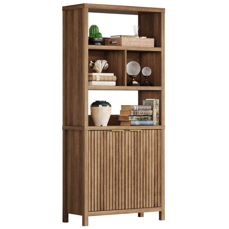 71" Tall Book Shelf With Cabinet 5 Tier Fluted Bookcase With Doors, Individual