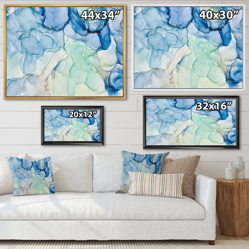 «Blue Luxury Abstract Fluid Art XXV», reproduction sur toile, H 30 po x l 40 po, Cadre flottant doré