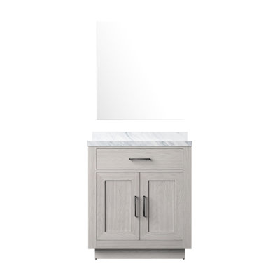 White Oak Single Bath Vanity , Marble Surface, 28 Mirror, Soft - Close Mechanism Top, Feature