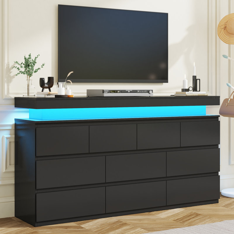 10-Drawer Modern Storage Dresser With Led Lighting & Charging Station, Wide Chest Of Drawers For Bedroom, Living Room & Entryway Organization
