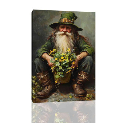 St. Patrick’S Day Leprechaun Poster Funny St. Patrick’S Day Wall Art With Irish Gnome,Holiday Gift Lucky Leprechaun Holding Clovers Pictures Home Office Print Framed 12X18 Inch
