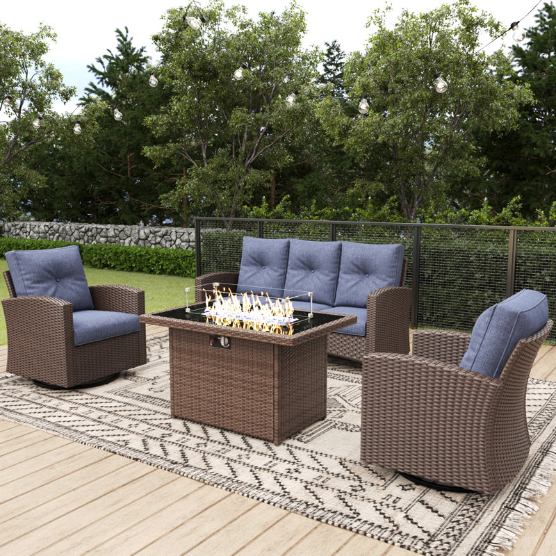 4 Pieces Patio Furniture Set With Swivel Chairs, Rattan Wicker Rocking Glide Chairs With 44" Propane Gas Fire Pit Table Conversation Set