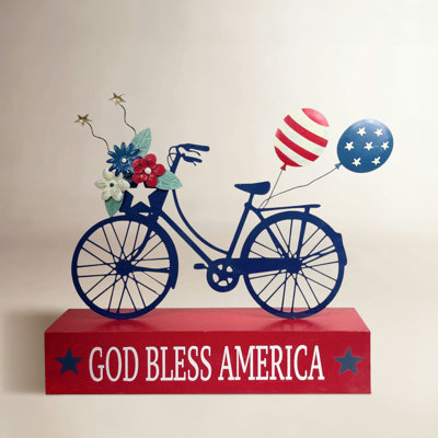 Patriotic USA Flag Bicycle Wooden Block Sign