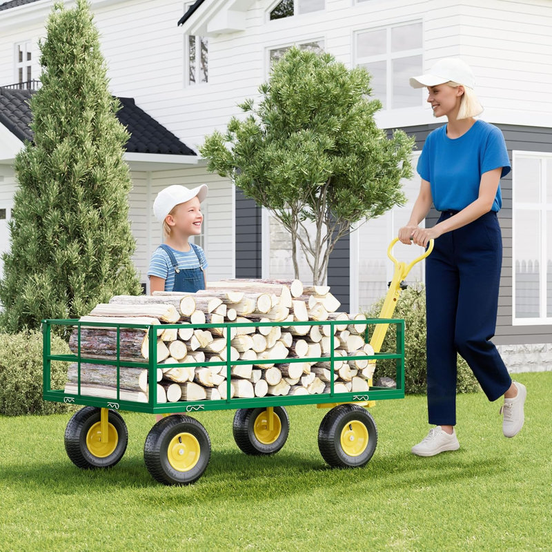 Chariot de jardin robuste, chariot en acier d'une capacité de 1200 lb, roues tout-terrain de 13 po, poignée rotative, vert et jaune