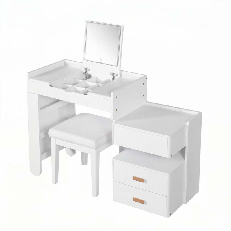 Meuble-lavabo de maquillage avec miroir rabattable, éclairage DEL, Blanc