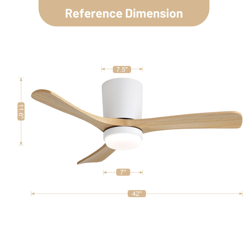 Ventilateur de plafond encastré à 3 pales en bois massif de 42 po à DEL avec télécommande silencieuse, Blanc / bois beige