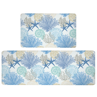 Coastal Beach Theme Kitchen Mats Rugs Set Of 2 Anti Fatigue Kitchen Mats For Floor Memory Foam Cushioned Waterproof Non Slip Comfort Standing Mat For Sink Laundry, Blue, 17.3"X 28"+17.3"X 47"