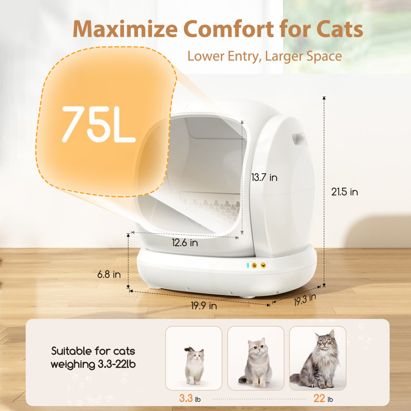 75L Extra Large Open Self-cleaning Smart Automatic Cat Litter Box With Mat & Liner for Multi Cats, App Control/Odor Removal/Safety Protection