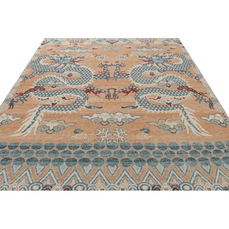 Rug & Kilim’S Distressed Dragon Rug In Blue, Gold And Red Pictorial Patterns, Rectangle 8'2" x 9'11"
