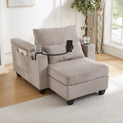 Chaise longue en velours côtelé Alice avec porte-gobelets, USB et rangement
