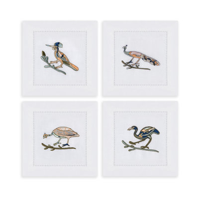 Bird Motif Embroidered Linen Cocktail Napkins