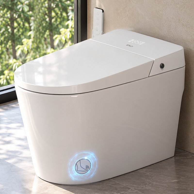 Toilettes monobloc allongées intelligentes avec couvercle à ouverture/fermeture automatique, chasse d'eau intérieure silencieuse, protection en mousse et hauteur confort conforme aux normes ADA
