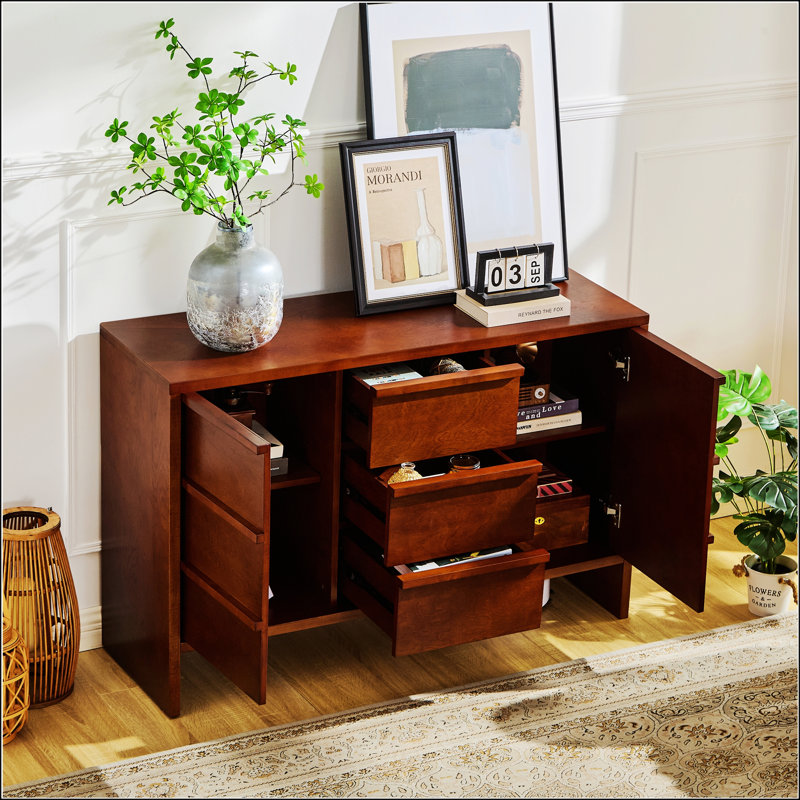 Buffet Mid-Century moderne avec rangement spacieux, 2 portes, 3 tiroirs et poignées en bois massif pour une utilisation polyvalente