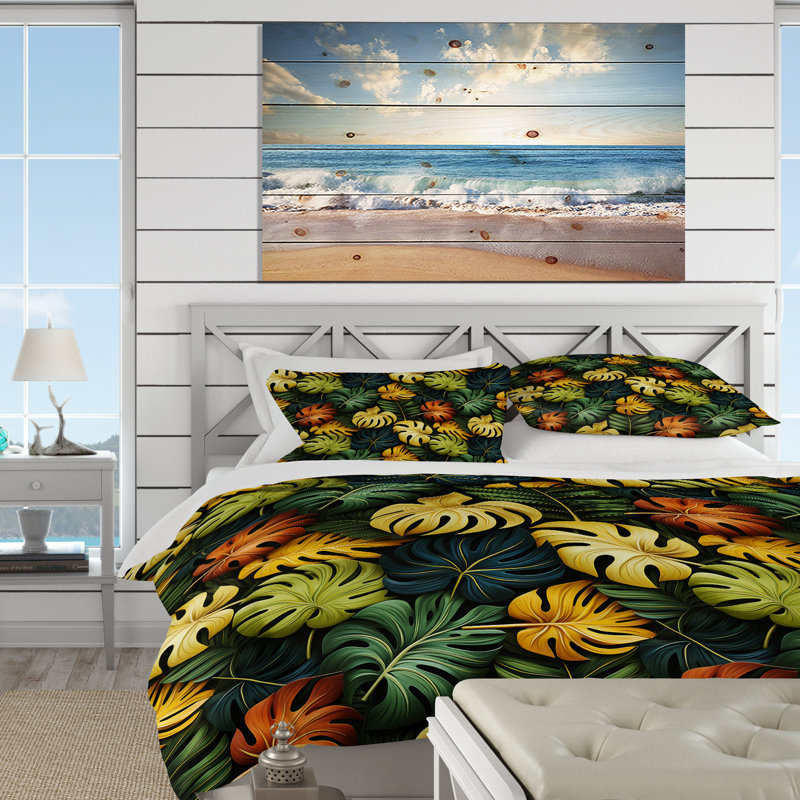 Monstera Magic Tropical Pattern II Duvet Cover, Queen Duvet Cover + 2 Standard Shams
