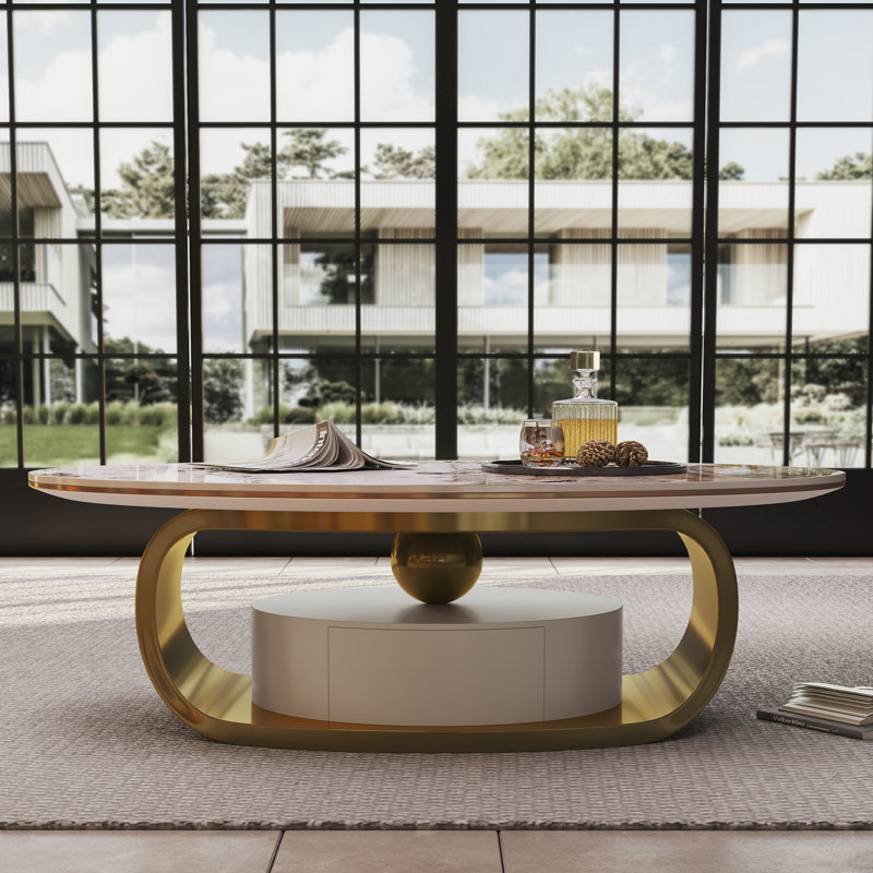 55" Modern Oval Faux Marble Coffee Table with Sled Base & Storage Drawer, Sintered Stone Top, Vintage-Inspired Center Table
