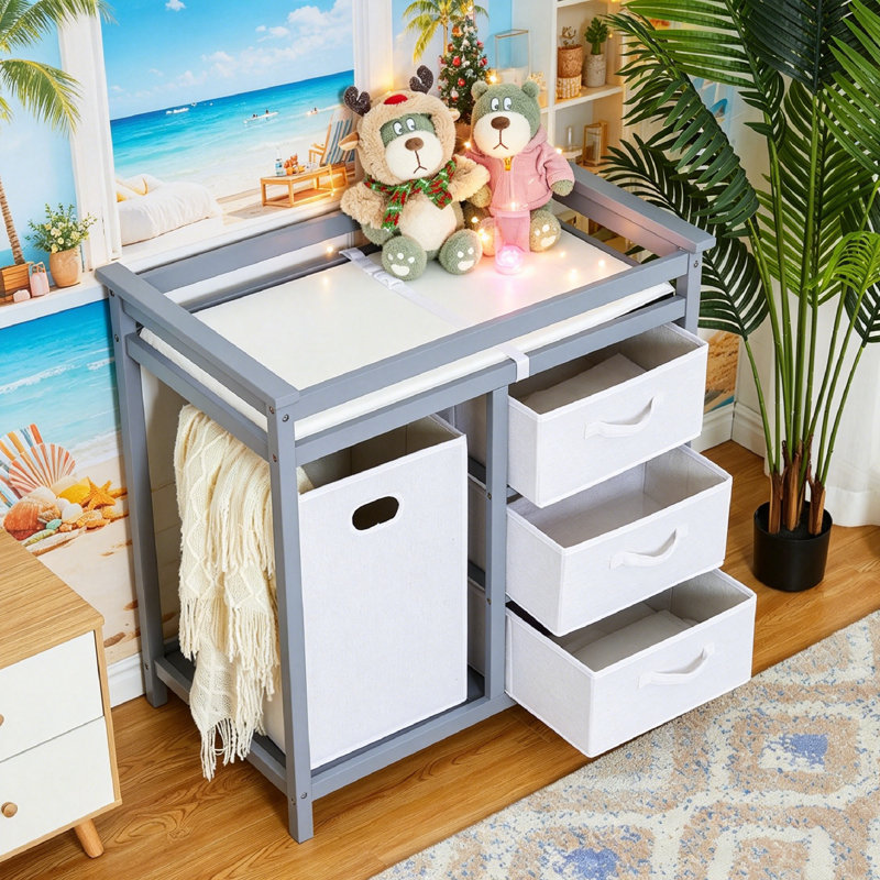 Modern Wooden Baby Changing Table with 3 Drawers, Laundry Hamper, Storage Shelf, and Safety Rails – Nursery Dresser and Infant Diaper Changing Station with Changing Pad.