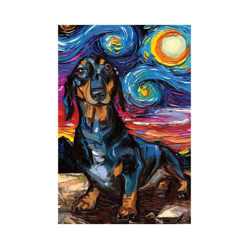 Black And Tan Dachshund Night II by Aja Trier - Wrapped Canvas Painting, 66.04 cm H x 45.72 cm W x 3.175 cm D