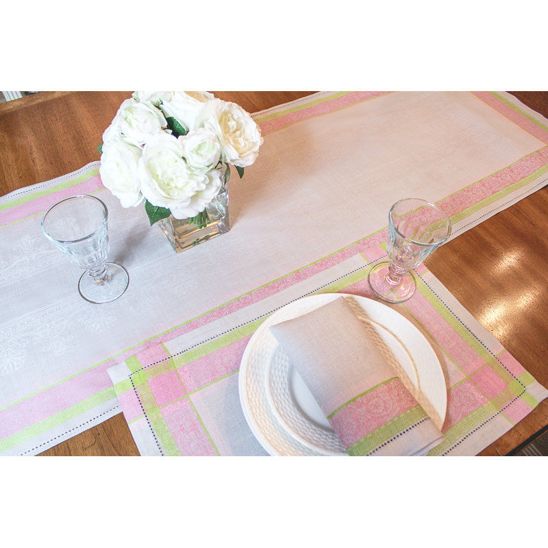 French Home Linen 20" x 68" Cleopatra Table Runner, Chartreuse/Rose/Pale Lavender