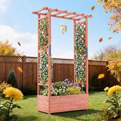 Lit de jardin surélevé de 43 po avec treillis arqué et toit suspendu, grande boîte à fleurs en bois avec treillis latéraux pour plantes grimpantes, légumes, herbes, utilisation extérieure / intérieure, bois de sapin naturel.