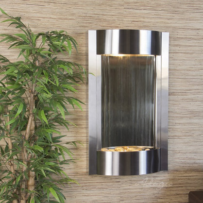 Serene Waters Fountain with Light, Silver Mirror, Stainless Steel