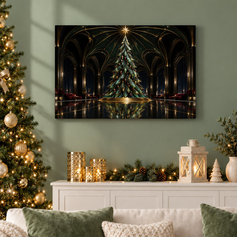 Arbre vert avec étoile dorée dans le couloir de la cathédrale, art mural de Noël, H 24 po x l 36 po
