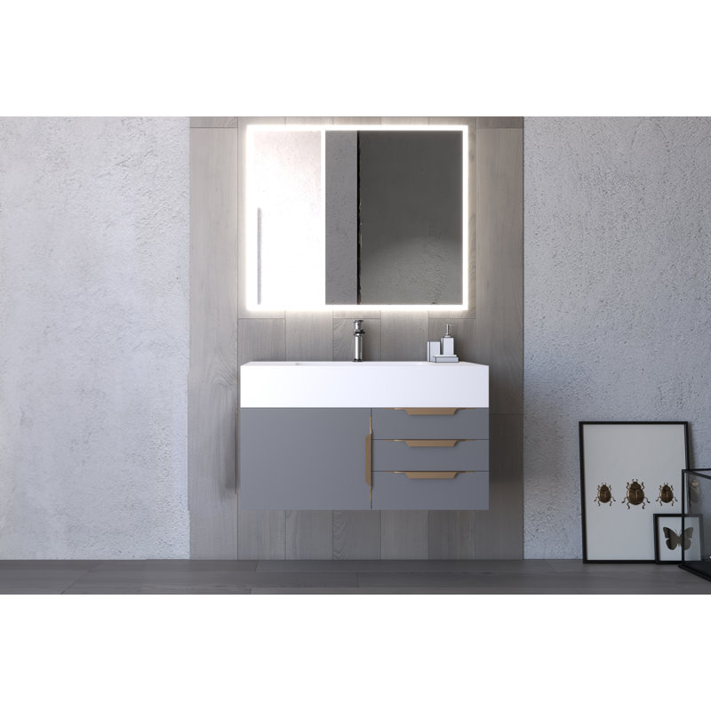 Modern 36" Wall-Mounted Single Bathroom Vanity Set with Mirror, White, Gold, Gray