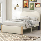 Upholstered Platform Bed With Wood Supporting Feet, Beige