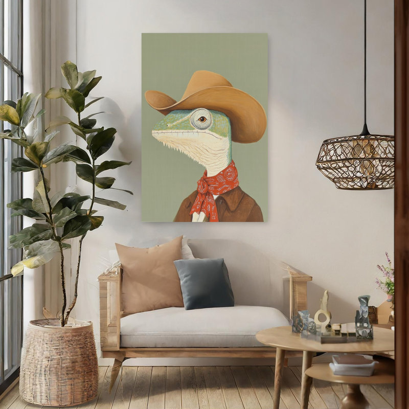 Dapper Cowboy Lizard Whimsical Contemporary Lizard Portrait Wall Art Print 1 Piece Wrapped Canvas Wall Art