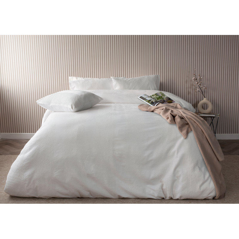 Cotton Striped Duvet Cover with Pillowcases, White, Double - 2 Standard Pillowcases