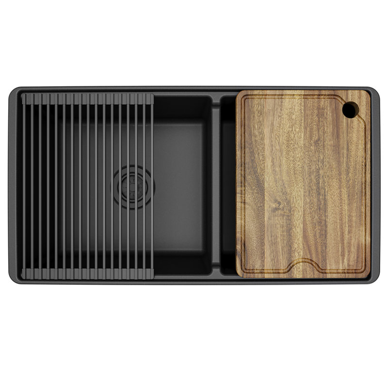 Karran 33"  Double Bowl Workstation Fireclay Kitchen Sink with Reversible Fluted Apron Front, Matte Black