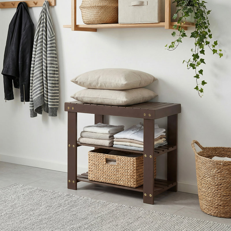 Small Shoe Bench, 3-Tier Bamboo Shoe Rack, Shoe Storage Bench with Seat Cushion, Entryway Shoe Rack Bench with Shelves, Freestanding Shoe Organizer for Hallway