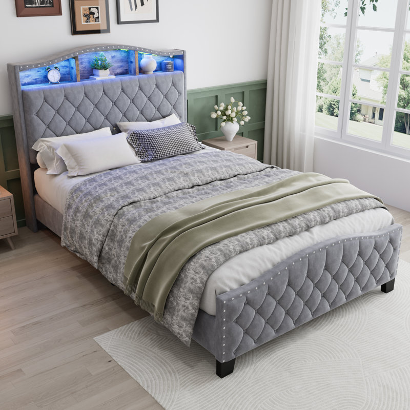 Grey Velvet Upholstered Storage Bed With LED Light, Double (4'6)