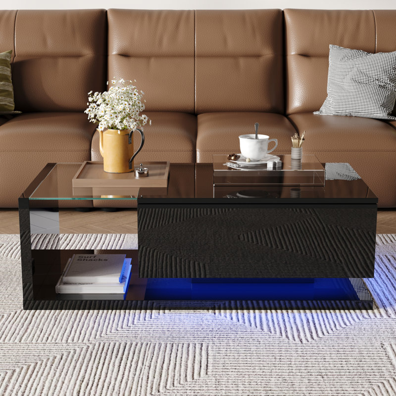 Modern High Gloss Coffee Table With LED Lights, Black 2-Tier Rectangular Table With Drawer, Center Table For Living Room, Black