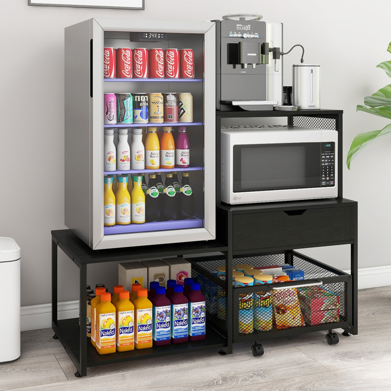  Mini Fridge Stand with Storage, Coffee Bar Cabinet with Power Outlet and Drawer, Microwave Oven Stand with Rolling Basket, Beverage Refrigerator Table for Home, Dorm, Apartment, Pantry