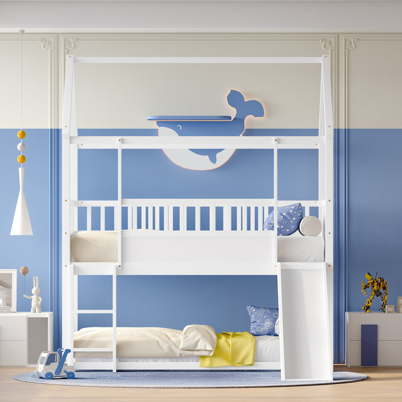 Twin Over Twin House Bunk Bed with Convertible Slide, Ladder & Safety Guardrails, Kids Space-Saving Bed Frame,, White