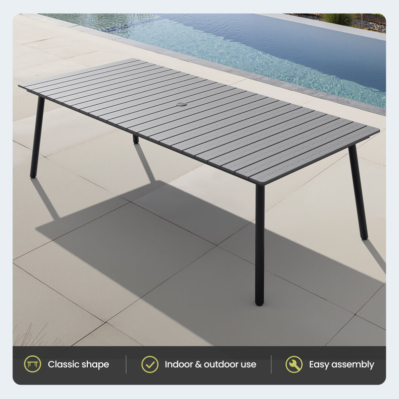 Patio Dining Table With Umbrella Hole, 29.13" H x 94.5" L x 42.12" W, Dark Gray