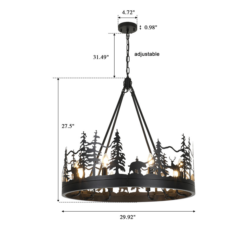 Lustre rustique à roulettes de style ambiant, H 59 po x l 29,9 po x P 29,9 po, Noir mat, 8 lumières