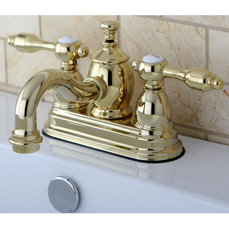 Kingston Brass Tudor Two-Handle 3-Hole Deck Mount 4" Centerset Bathroom Faucet with Brass Pop-Up, Polished Brass
