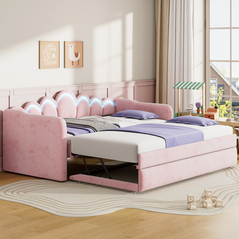 Twin XL Upholstered Daybed with Trundle and LED Light, Trundle Flat or Raised, Pink, Pink