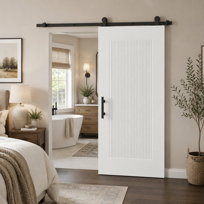 36"x84" White Primed 1 Panel Reeded Sliding Barn Door With Installation Hardware Kit and One Sided Matte Black Square Pull and One Sided Matte Black Flush Pull 