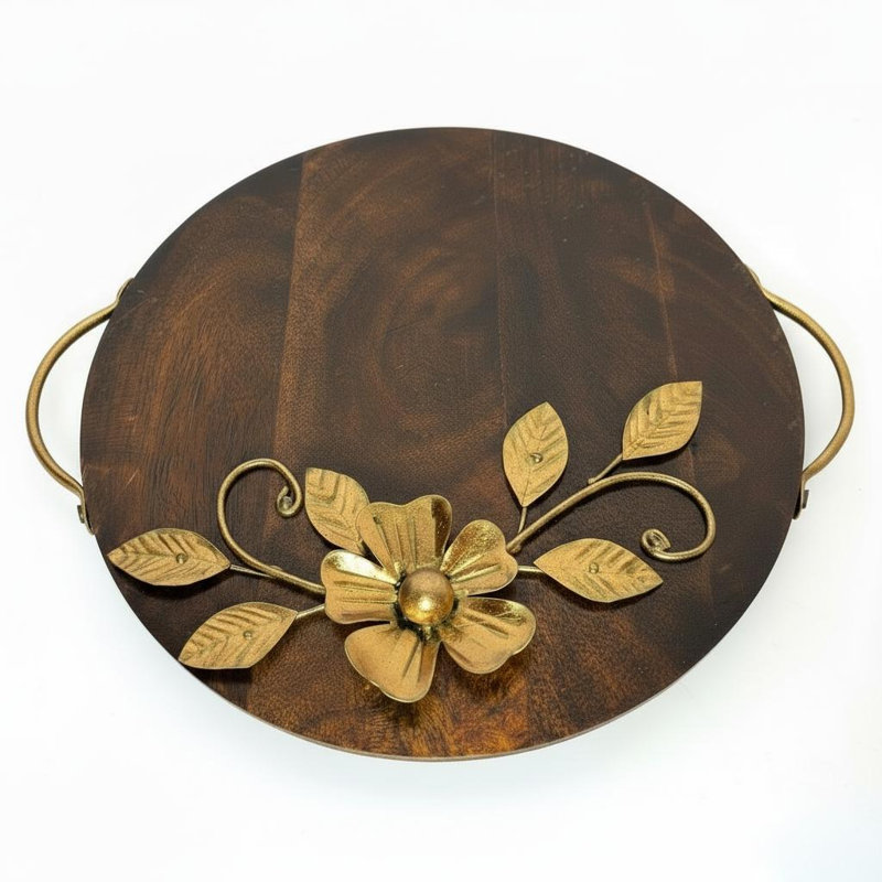 12" Rustic Floral Round Wood Serving Tray with Metal Inlay