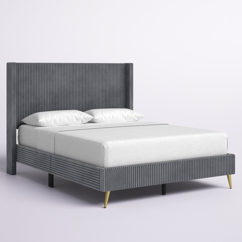 Lit plateforme tapissier à profil bas Andretta, Gris, Grand