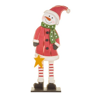 Red Wooden Snowman Display with Star