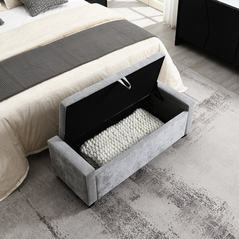 48" Grey With Storage, Button And Diamond Stitched, Modern Design, Solid Wood Frame, Square Legs, Can Hold 350 Lb, For Bedroom, Living Room, Use As Chest, Window Bench Storage Bench, Stitching, Soft