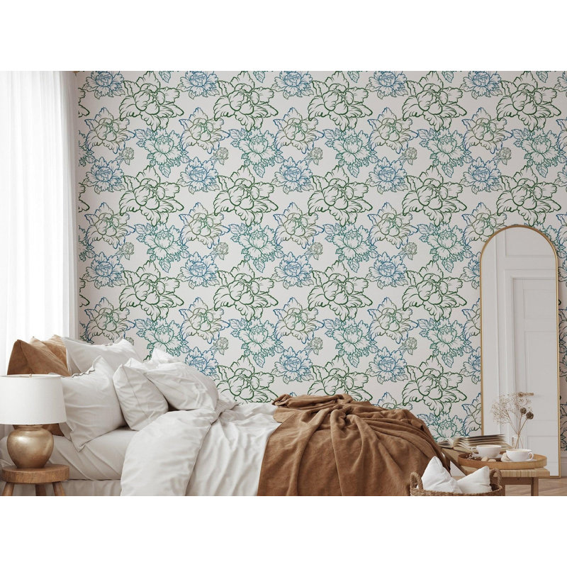 Peony 10' L x 24" W Peel and Stick Wallpaper Roll, Green/Blue, Faux Grasscloth, Non-pasted
